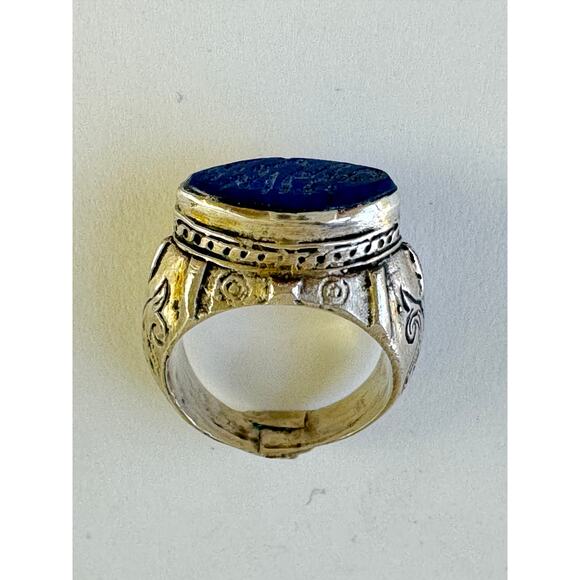 Old Silver Lapis Lazuli Islamic Script Intaglio Ring C 1930's Unisex Size 9 - Picture 4 of 6